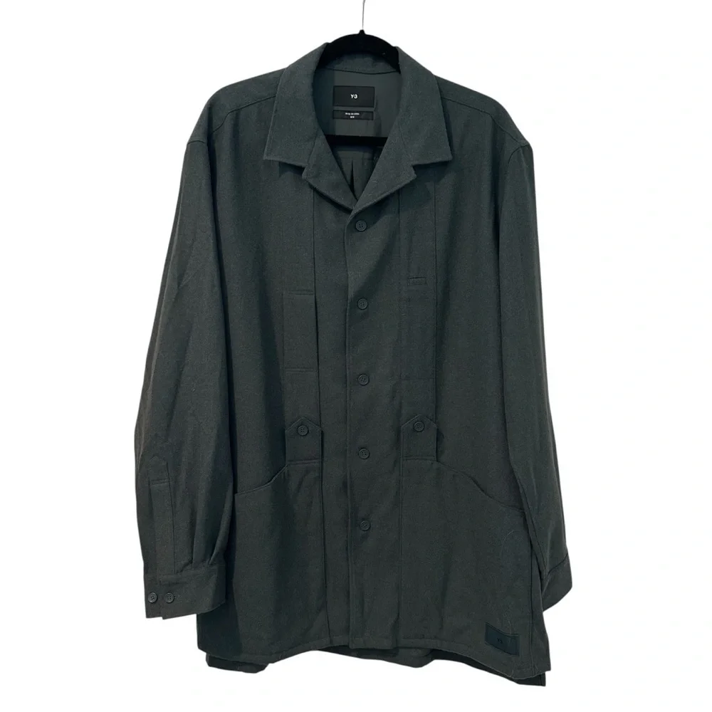 Y-3 Adidas Utilitarian Charcoal Gray Green Button-Up flannel Shirt Jacket